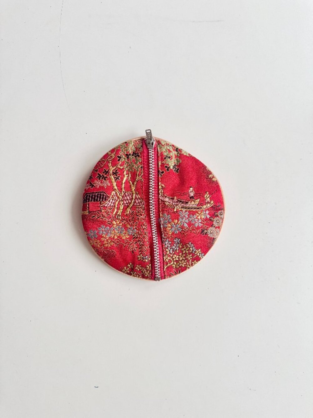Vintage Red Oriental Chinoiserie Patterned Satin Jacquard Circle Pouch
